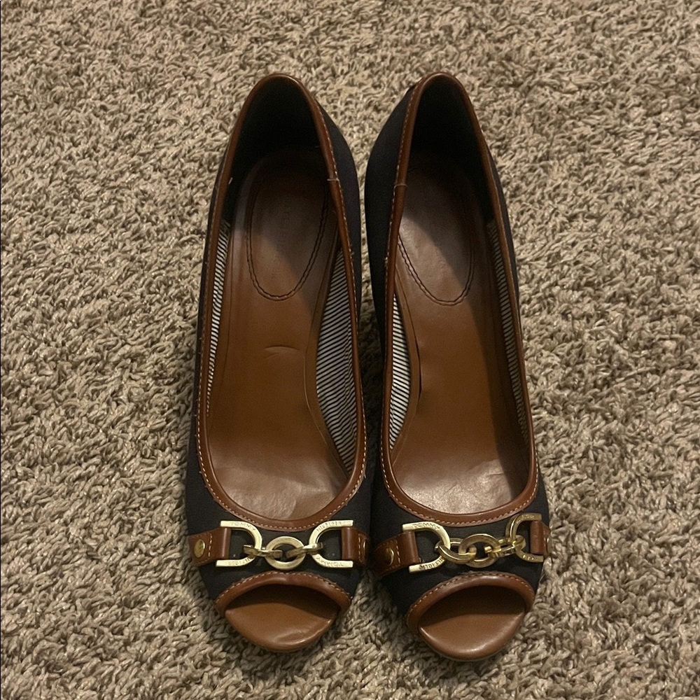 Tommy Hilfiger Black and Brown Wedges with Gold Detail